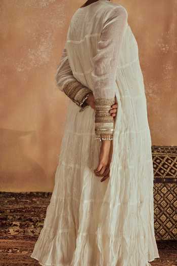 Shop Roze White Muslin, Chanderi Embroidery, Tassels Round Neck Anam Mukaish Anarkali Set at Aza Fashions Shop_Roze_White Muslin, Chanderi Embroidery, Tassels Round Neck Anam Mukaish Anarkali Set _at_Aza_Fashions