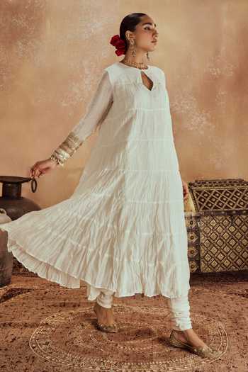Buy Roze White Muslin, Chanderi Embroidery, Tassels Round Neck Anam Mukaish Anarkali Set Online at Aza Fashions Buy_Roze_White Muslin, Chanderi Embroidery, Tassels Round Neck Anam Mukaish Anarkali Set _Online_at_Aza_Fashions
