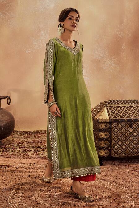Buy Roze Green Muslin, Chanderi Sequins, Metallic Falak Lace Embellished Kurta With Pant Online at Aza Fashions Buy_Roze_Green Muslin, Chanderi Sequins, Metallic Falak Lace Embellished Kurta With Pant _Online_at_Aza_Fashions
