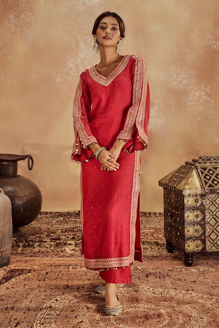 Buy_Roze_Pink Muslin, Chanderi Sequins, Mirrors Falak Lace Embellished Kurta With Pant _Online_at_Aza_Fashions