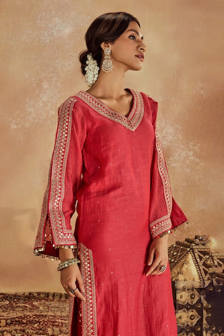 Shop_Roze_Pink Muslin, Chanderi Sequins, Mirrors Falak Lace Embellished Kurta With Pant _Online_at_Aza_Fashions