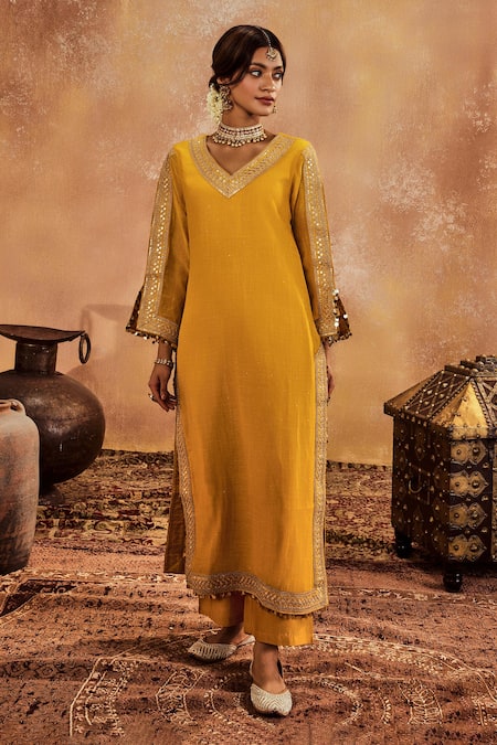 Roze Yellow Kurta Mukaish Chanderi Embroidery Sequin Lace V Falak With Pant 