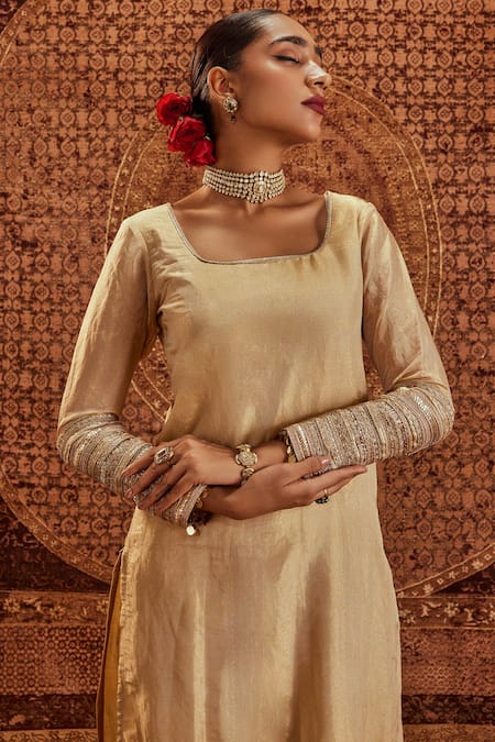 Buy Roze Gold Tissue, Muslin Embroidery, Mirrors Ghazal Kiran Lace Embellished Kurta Set Online at Aza Fashions Buy_Roze_Gold Tissue, Muslin Embroidery, Mirrors Ghazal Kiran Lace Embellished Kurta Set _Online_at_Aza_Fashions