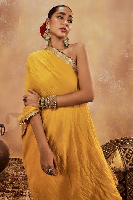 Shop Roze Yellow Muslin, Chanderi Sequins One Iqra Lace Embellished Kaftan With Palazzo Online at Aza Fashions Shop_Roze_Yellow Muslin, Chanderi Sequins One Iqra Lace Embellished Kaftan With Palazzo _Online_at_Aza_Fashions