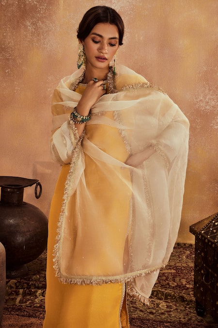 Roze_Yellow Tissue, Organza, Muslin Lace, Sequins Boat Kainat Kurta Sharara Set _Online_at_Aza_Fashions