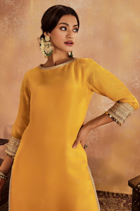 Shop_Roze_Yellow Tissue, Organza, Muslin Lace, Sequins Boat Kainat Kurta Sharara Set _Online_at_Aza_Fashions