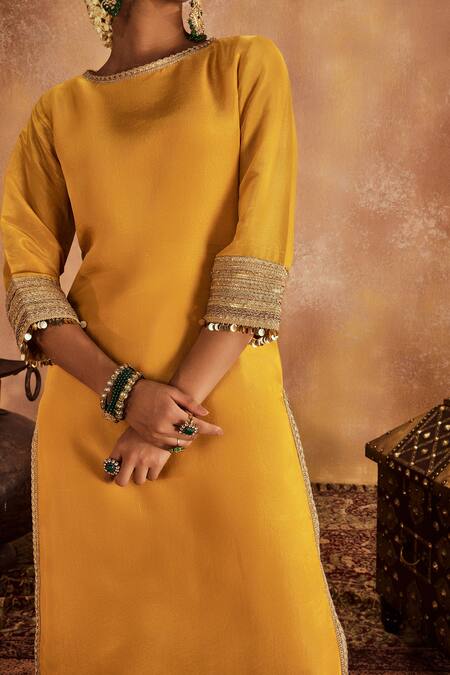 Roze_Yellow Tissue, Organza, Muslin Lace, Sequins Boat Kainat Kurta Sharara Set _at_Aza_Fashions