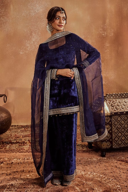 Roze Blue Kurta And Palazzo Micro Velvet Embroidery Tikki Lace Square Mira Set 