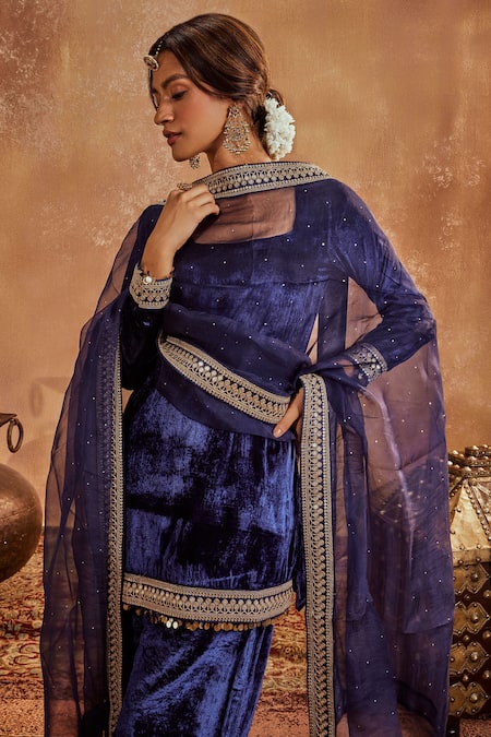 Roze Blue Microfiber, Organza, Muslin Mira Tikki Lace Embroidered Kurta Palazzo Set Online at Aza Fashions Roze_Blue Microfiber, Organza, Muslin Mira Tikki Lace Embroidered Kurta Palazzo Set _Online_at_Aza_Fashions