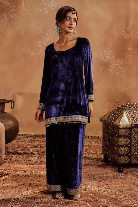 Buy Roze Blue Microfiber, Organza, Muslin Mira Tikki Lace Embroidered Kurta Palazzo Set Online at Aza Fashions Buy_Roze_Blue Microfiber, Organza, Muslin Mira Tikki Lace Embroidered Kurta Palazzo Set _Online_at_Aza_Fashions
