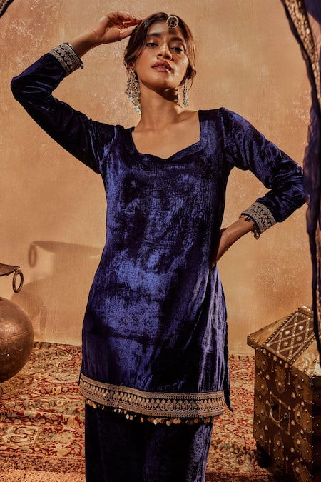 Shop Roze Blue Microfiber, Organza, Muslin Mira Tikki Lace Embroidered Kurta Palazzo Set Online at Aza Fashions Shop_Roze_Blue Microfiber, Organza, Muslin Mira Tikki Lace Embroidered Kurta Palazzo Set _Online_at_Aza_Fashions