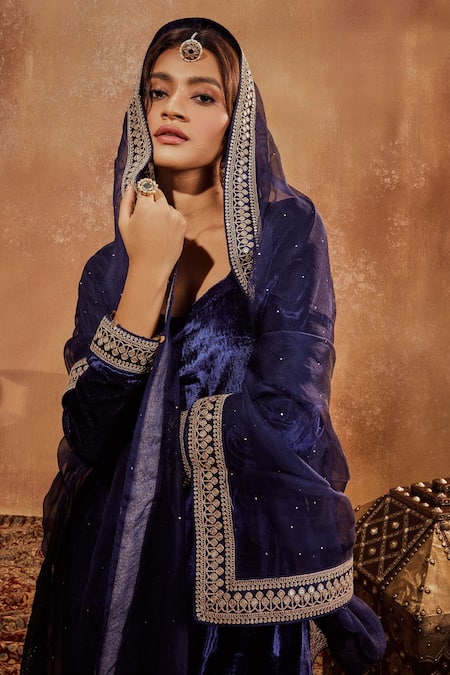 Roze Blue Microfiber, Organza, Muslin Mira Tikki Lace Embroidered Kurta Palazzo Set at Aza Fashions Roze_Blue Microfiber, Organza, Muslin Mira Tikki Lace Embroidered Kurta Palazzo Set _at_Aza_Fashions