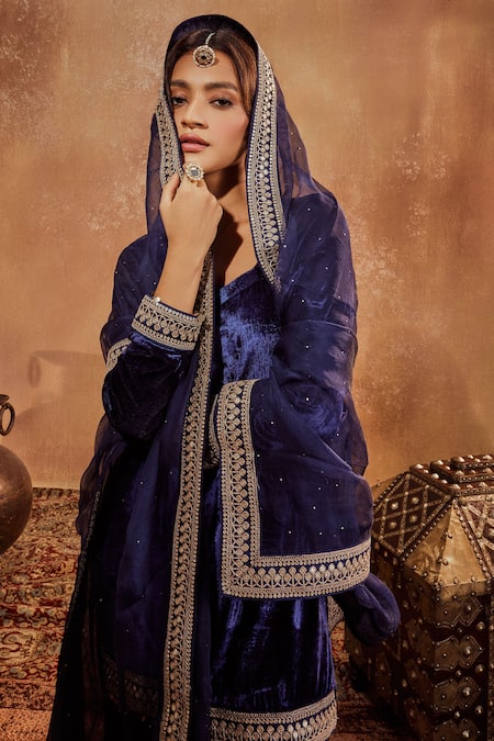 Buy Roze Blue Microfiber, Organza, Muslin Mira Tikki Lace Embroidered Kurta Palazzo Set Buy_Roze_Blue Microfiber, Organza, Muslin Mira Tikki Lace Embroidered Kurta Palazzo Set