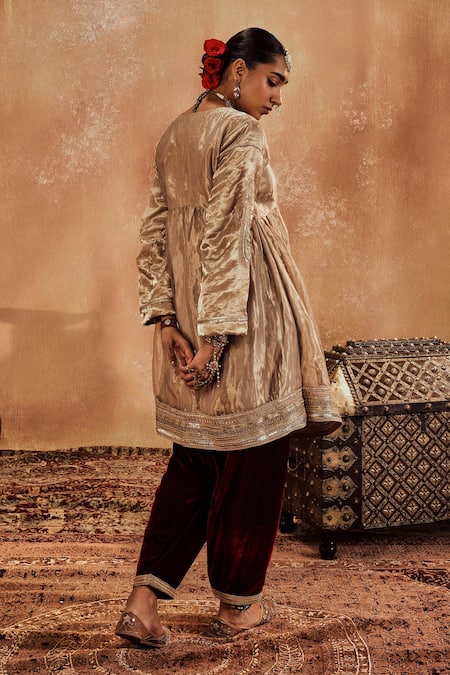 Shop_Roze_Gold Organza, Microfiber Sequins V-neck Misba Paisley Embroidered Anarkali Set _at_Aza_Fashions