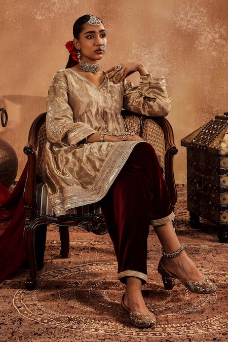 Roze_Gold Organza, Microfiber Sequins V-neck Misba Paisley Embroidered Anarkali Set _Online_at_Aza_Fashions