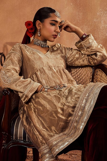 Shop_Roze_Gold Organza, Microfiber Sequins V-neck Misba Paisley Embroidered Anarkali Set _Online_at_Aza_Fashions