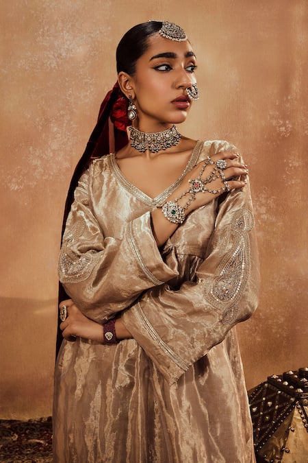 Roze_Gold Organza, Microfiber Sequins V-neck Misba Paisley Embroidered Anarkali Set _at_Aza_Fashions