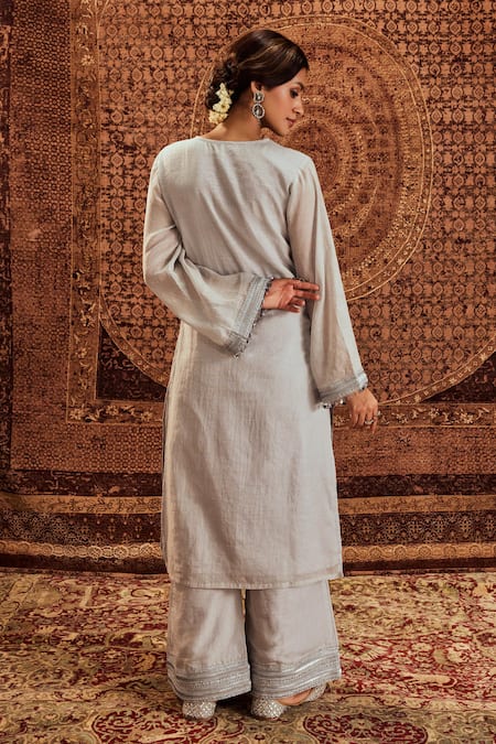 Shop_Roze_Silver Tissue Lace V-neck Nargis Embroidered Kurta With Pant _at_Aza_Fashions