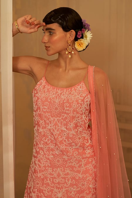 Buy Mona And Vishu Pink Silk, Tulle Pearls, Cut Work Round Floral Embroidered Kurta Sharara Set Online at Aza Fashions Buy_Mona And Vishu_Pink Silk, Tulle Pearls, Cut Work Round Floral Embroidered Kurta Sharara Set _Online_at_Aza_Fashions