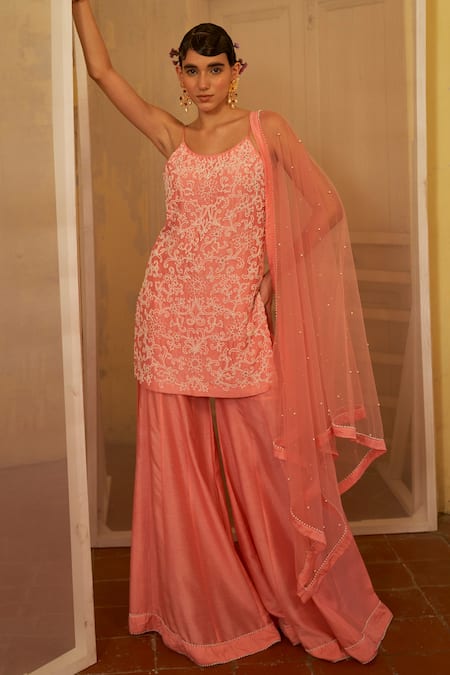 Shop Mona And Vishu Pink Silk, Tulle Pearls, Cut Work Round Floral Embroidered Kurta Sharara Set at Aza Fashions Shop_Mona And Vishu_Pink Silk, Tulle Pearls, Cut Work Round Floral Embroidered Kurta Sharara Set _at_Aza_Fashions