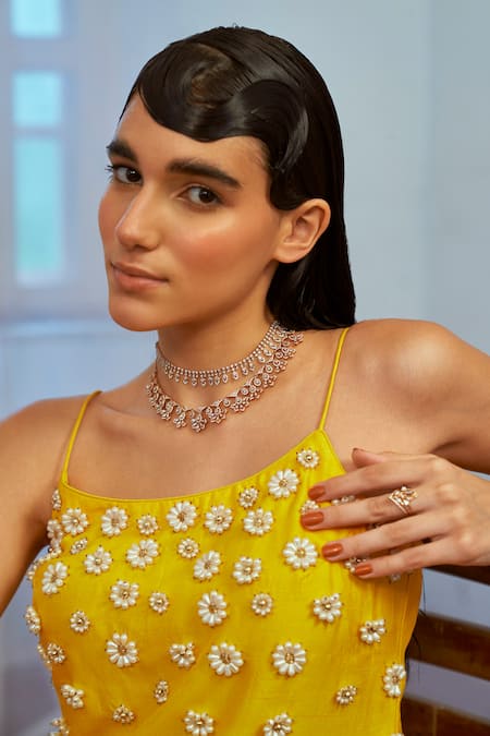 Mona And Vishu_Yellow Silk, Tulle Pearls, Beads Round Neck Embroidered Kurta Sharara Set _Online_at_Aza_Fashions