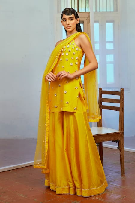 Buy Yellow Dupion Silk Embroidered Pearl Sunny Elegance Kurta Sharara Set For Women By Mona And 