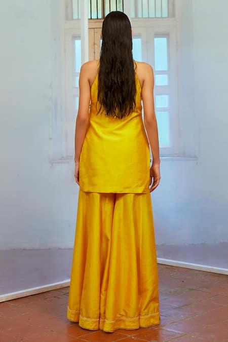 Shop_Mona And Vishu_Yellow Silk, Tulle Pearls, Beads Round Neck Embroidered Kurta Sharara Set _at_Aza_Fashions