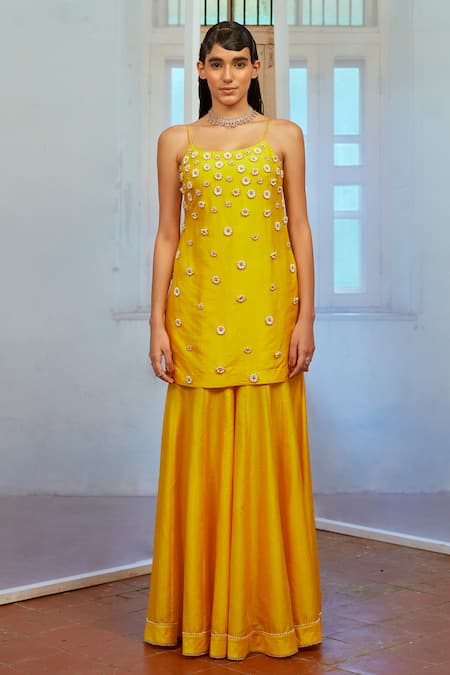 Buy_Mona And Vishu_Yellow Silk, Tulle Pearls, Beads Round Neck Embroidered Kurta Sharara Set _Online_at_Aza_Fashions