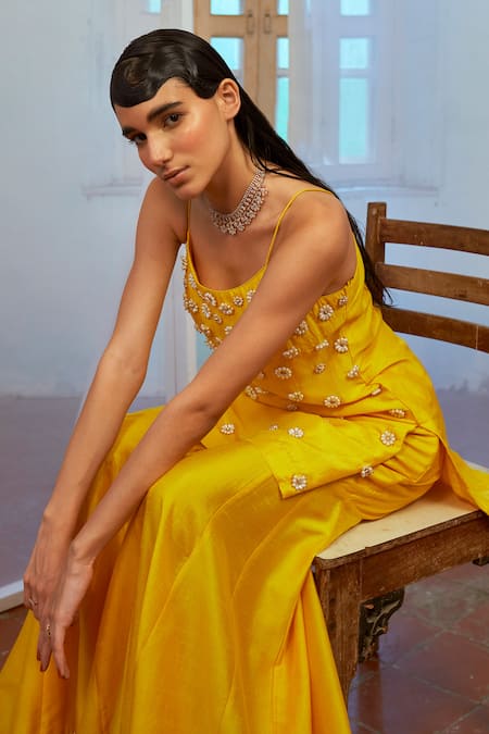 Shop_Mona And Vishu_Yellow Silk, Tulle Pearls, Beads Round Neck Embroidered Kurta Sharara Set _Online_at_Aza_Fashions