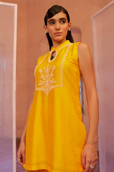 Mona And Vishu Yellow Silk Beads, Pearls Bandeau Neck Embroidered Yoke Kurta And Pant Set Online at Aza Fashions Mona And Vishu_Yellow Silk Beads, Pearls Bandeau Neck Embroidered Yoke Kurta And Pant Set _Online_at_Aza_Fashions