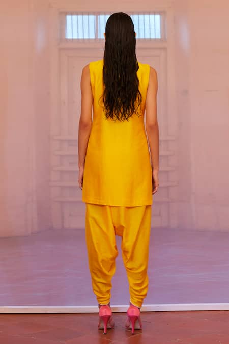 Shop Mona And Vishu Yellow Silk Beads, Pearls Bandeau Neck Embroidered Yoke Kurta And Pant Set at Aza Fashions Shop_Mona And Vishu_Yellow Silk Beads, Pearls Bandeau Neck Embroidered Yoke Kurta And Pant Set _at_Aza_Fashions