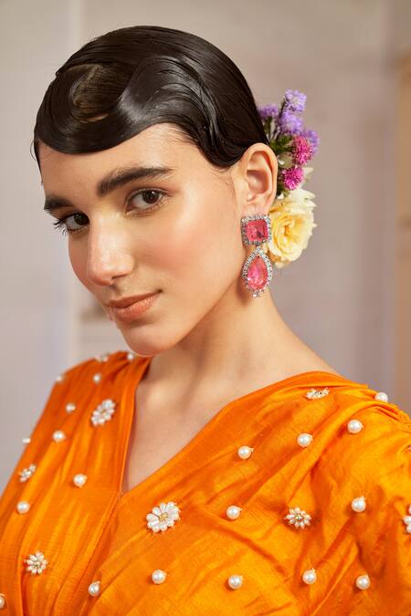 Mona And Vishu_Orange Silk Beads, Embroidery, Pearls V-neck Top And Palazzo Set _Online_at_Aza_Fashions