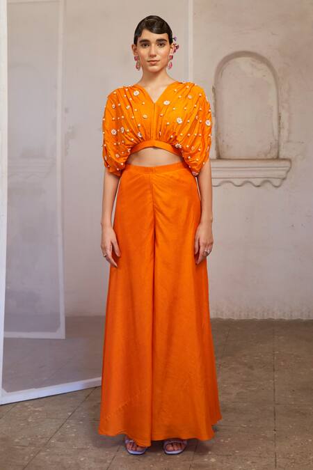 Buy_Mona And Vishu_Orange Silk Beads, Embroidery, Pearls V-neck Top And Palazzo Set _Online_at_Aza_Fashions