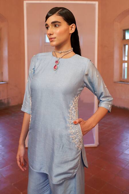 Mona And Vishu Blue Silk Pearls, Cut Work Round Neck Placement Embroidered Kurta And Pant Set Online at Aza Fashions Mona And Vishu_Blue Silk Pearls, Cut Work Round Neck Placement Embroidered Kurta And Pant Set _Online_at_Aza_Fashions