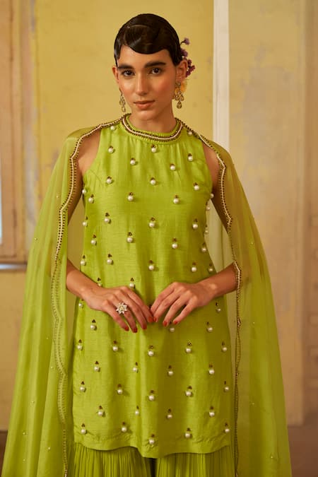 Buy Mona And Vishu Green Silk, Georgette Pearls, Beads Round Luminous Embroidered Kurta Sharara Set Online at Aza Fashions Buy_Mona And Vishu_Green Silk, Georgette Pearls, Beads Round Luminous Embroidered Kurta Sharara Set _Online_at_Aza_Fashions