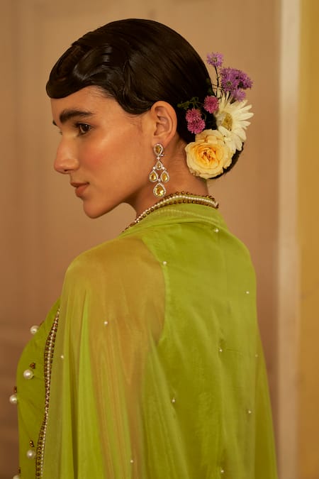 Shop Mona And Vishu Green Silk, Georgette Pearls, Beads Round Luminous Embroidered Kurta Sharara Set Online at Aza Fashions Shop_Mona And Vishu_Green Silk, Georgette Pearls, Beads Round Luminous Embroidered Kurta Sharara Set _Online_at_Aza_Fashions