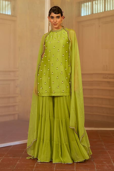 Mona And Vishu Green Silk, Georgette Pearls, Beads Round Luminous Embroidered Kurta Sharara Set