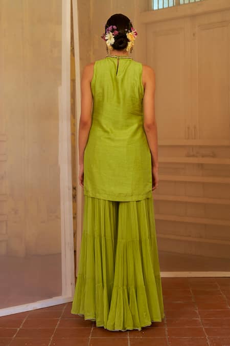 Mona And Vishu Green Silk, Georgette Pearls, Beads Round Luminous Embroidered Kurta Sharara Set Online at Aza Fashions Mona And Vishu_Green Silk, Georgette Pearls, Beads Round Luminous Embroidered Kurta Sharara Set _Online_at_Aza_Fashions