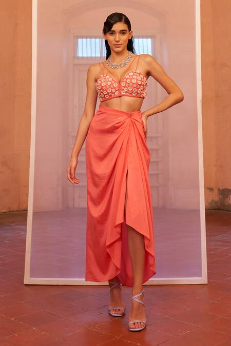 Mona And Vishu Coral Organza, Silk Pearls, Beads V-neck, Embroidered Jacket Draped Skirt Set Online at Aza Fashions Mona And Vishu_Coral Organza, Silk Pearls, Beads V-neck, Embroidered Jacket Draped Skirt Set _Online_at_Aza_Fashions