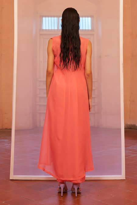 Shop Mona And Vishu Coral Organza, Silk Pearls, Beads V-neck, Embroidered Jacket Draped Skirt Set at Aza Fashions Shop_Mona And Vishu_Coral Organza, Silk Pearls, Beads V-neck, Embroidered Jacket Draped Skirt Set _at_Aza_Fashions