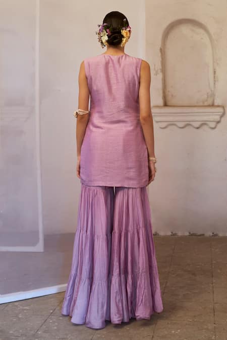 Shop Mona And Vishu Purple Silk, Tulle Pearls V-neck Dream Embroidered Kurta Sharara Set at Aza Fashions Shop_Mona And Vishu_Purple Silk, Tulle Pearls V-neck Dream Embroidered Kurta Sharara Set _at_Aza_Fashions