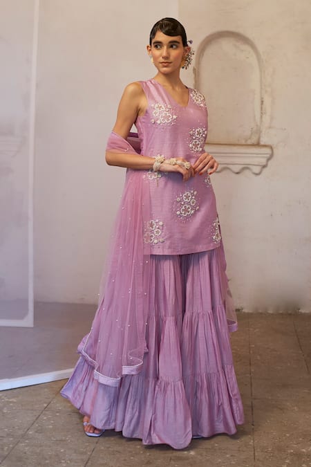 Buy Mona And Vishu Purple Silk, Tulle Pearls V-neck Dream Embroidered Kurta Sharara Set Online at Aza Fashions Buy_Mona And Vishu_Purple Silk, Tulle Pearls V-neck Dream Embroidered Kurta Sharara Set _Online_at_Aza_Fashions