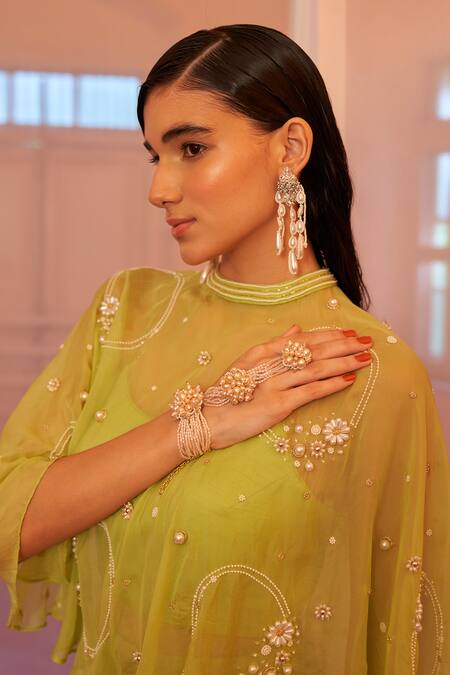Mona And Vishu Green Silk Pearls Round Neck Luminescent Embroidered Cape Palazzo Set Online at Aza Fashions Mona And Vishu_Green Silk Pearls Round Neck Luminescent Embroidered Cape Palazzo Set _Online_at_Aza_Fashions