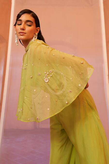 Buy Mona And Vishu Green Silk Pearls Round Neck Luminescent Embroidered Cape Palazzo Set Online at Aza Fashions Buy_Mona And Vishu_Green Silk Pearls Round Neck Luminescent Embroidered Cape Palazzo Set _Online_at_Aza_Fashions