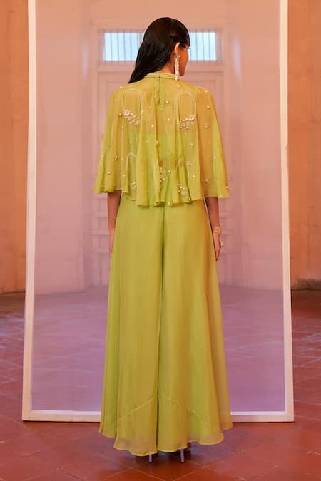 Shop Mona And Vishu Green Silk Pearls Round Neck Luminescent Embroidered Cape Palazzo Set at Aza Fashions Shop_Mona And Vishu_Green Silk Pearls Round Neck Luminescent Embroidered Cape Palazzo Set _at_Aza_Fashions