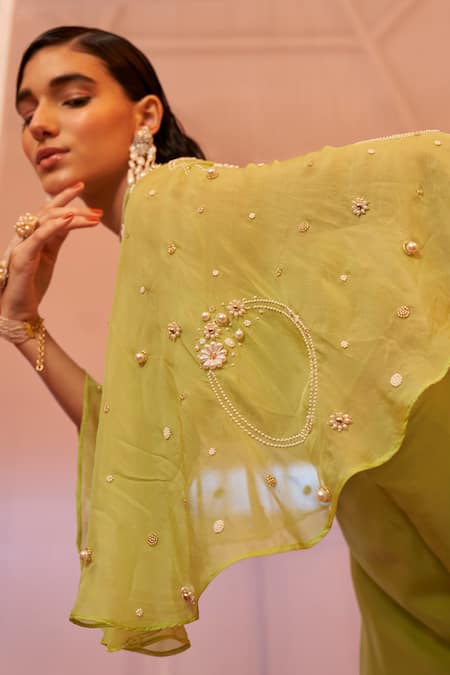 Shop Mona And Vishu Green Silk Pearls Round Neck Luminescent Embroidered Cape Palazzo Set Online at Aza Fashions Shop_Mona And Vishu_Green Silk Pearls Round Neck Luminescent Embroidered Cape Palazzo Set _Online_at_Aza_Fashions