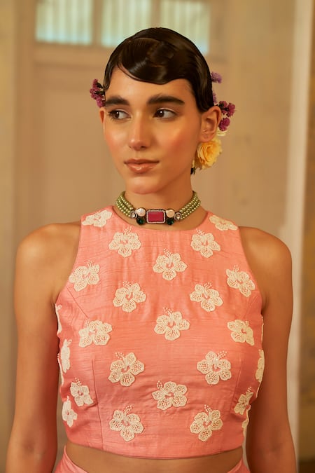 Buy Mona And Vishu Pink Silk Embroidery Round Neck Hibiscus Top And Palazzo Set Online at Aza Fashions Buy_Mona And Vishu_Pink Silk Embroidery Round Neck Hibiscus Top And Palazzo Set _Online_at_Aza_Fashions