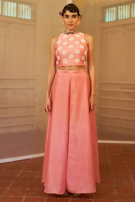 Mona And Vishu Pink Silk Embroidery Round Neck Hibiscus Top And Palazzo Set at Aza Fashions Mona And Vishu_Pink Silk Embroidery Round Neck Hibiscus Top And Palazzo Set _at_Aza_Fashions
