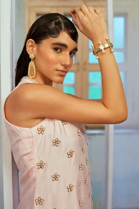 Shop Mona And Vishu Pink Silk Pearls, Zari, Beads Collared Embroidered Kurta And Pant Set Online at Aza Fashions Shop_Mona And Vishu_Pink Silk Pearls, Zari, Beads Collared Embroidered Kurta And Pant Set _Online_at_Aza_Fashions