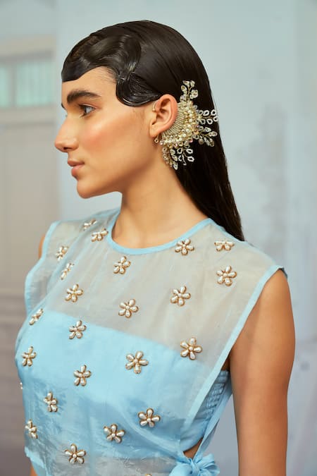 Buy Mona And Vishu Blue Organza, Silk Pearls, Embroidery Collared Whimsical Charm Bib Pant Set Online at Aza Fashions Buy_Mona And Vishu_Blue Organza, Silk Pearls, Embroidery Collared Whimsical Charm Bib Pant Set _Online_at_Aza_Fashions